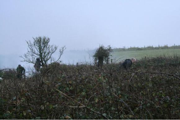 Photo taken from within the house site looking to the SW at elder bush marking site of S end of wall dividing house and garden. The chap on the right is Malcolm Emery, taking a welcome break from his desk; 10th January 2013.