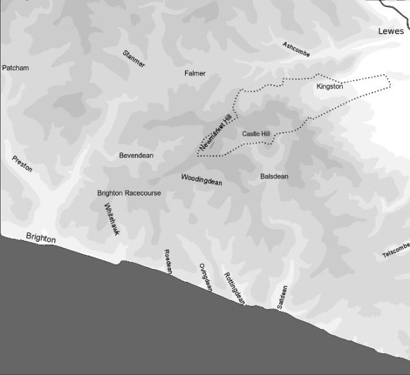 Map of the Downs between Brighton and Lewes: Contour data courtesy of OS Maps