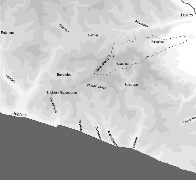 Map of the Downs between Brighton and Lewes: Contour data courtesy of OS Maps