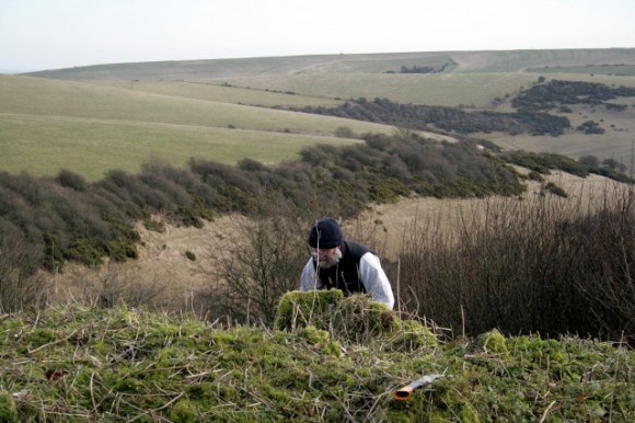Looking E over the mound of bulldozed rubble at Malcolm Emery and Castle Hill NNR beyond