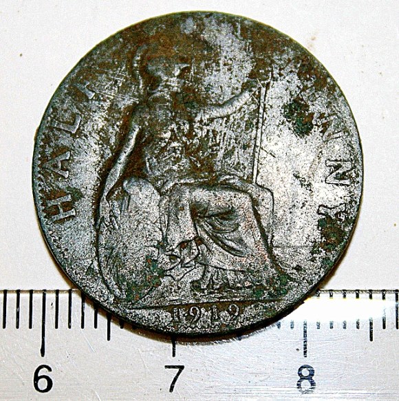 1919 halfpenny from trench 1B