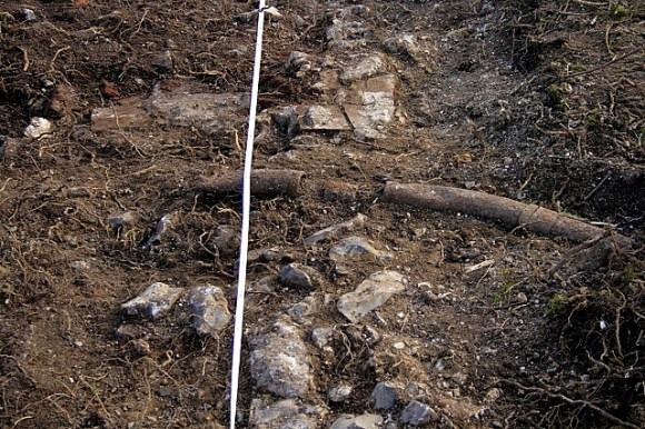 Rusty drain pipe to NW of house