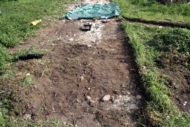 North boundary wall looking towards house; farmyard to right, garden to left.