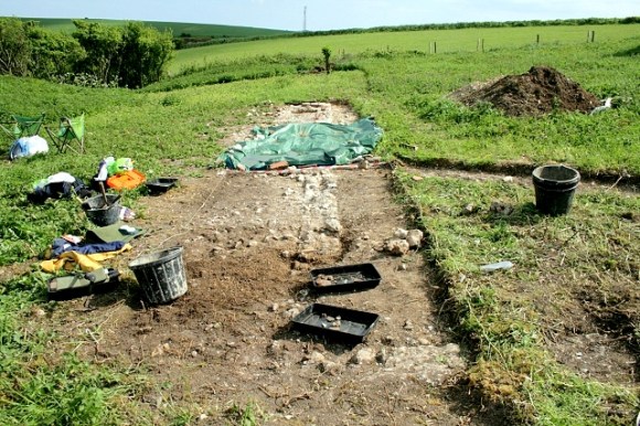 Looking S across N boundary wall, down dividing wall between garden (left) and farmyard (right)