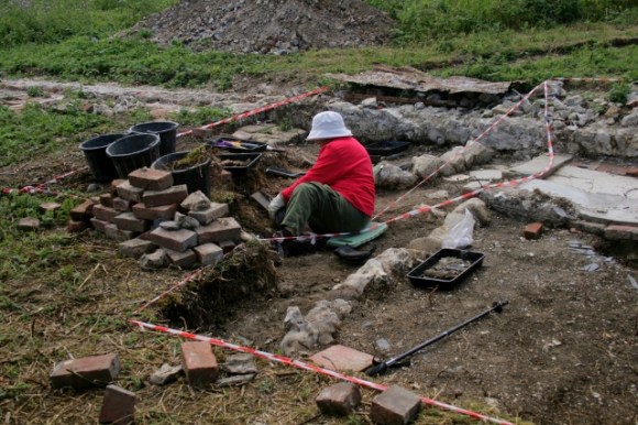Digging demolition rubble over path SE of toilet
