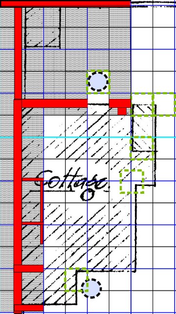 Excavation showing main excavated areas - shaded;  main excavated wall lines - red; possible wells - dashed circles; minimum of 1x1m grid sq.s planned to be excavated - dashed green lines