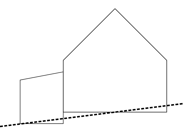 Cottage and shed frontage showing approximate level of ground