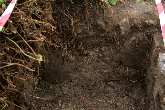 Looking W at partially plaster rendered section of E cottage wall sheltered between the two projecting features