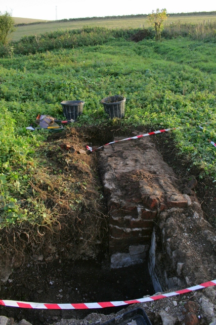 Looking S at chimney base on E side of cottage