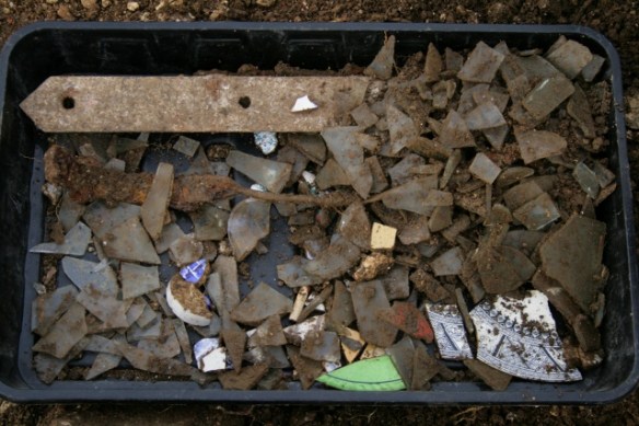 Finds tray from partially excavated grid square S of cottage, E of ~1880 extension