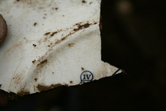 Reverse of decorated dinner plate shard from partially excavated grid square S of cottage, E of ~1880 extension