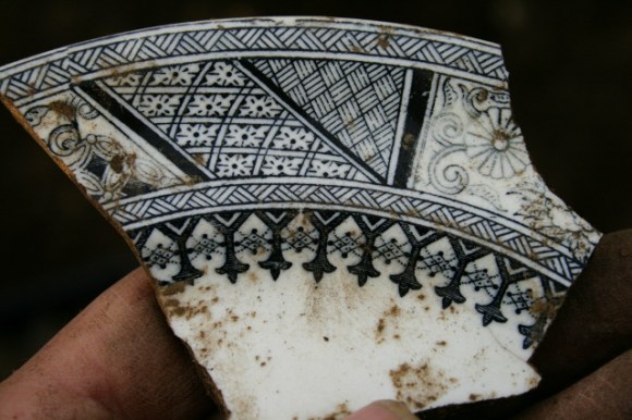 Decorated dinner plate shard from partially excavated grid square S of cottage, E of ~1880 extension