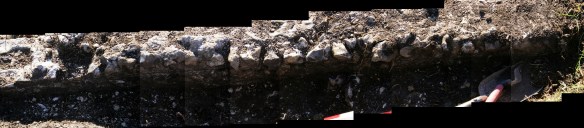 Composite of photos looking S at garden boundary wall, N of cottage