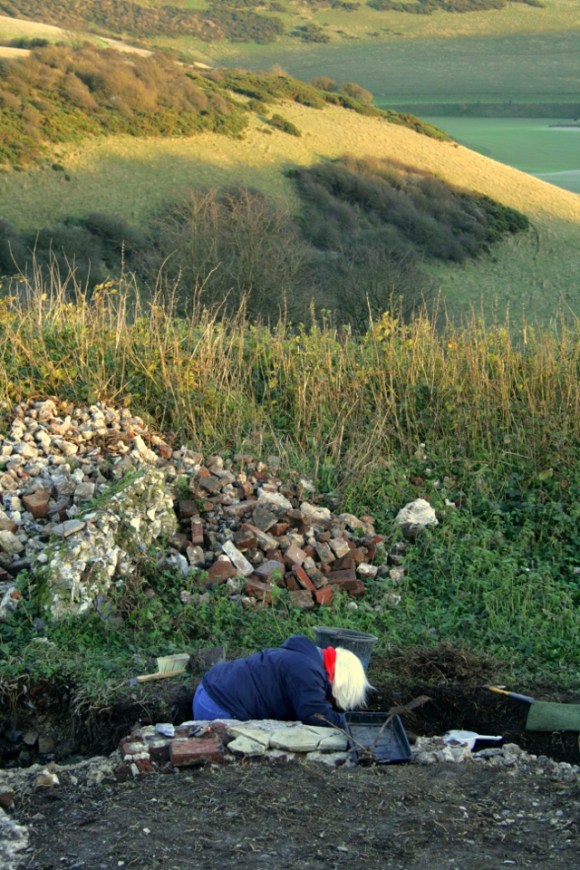 Looking E at excavation of external face of chimney