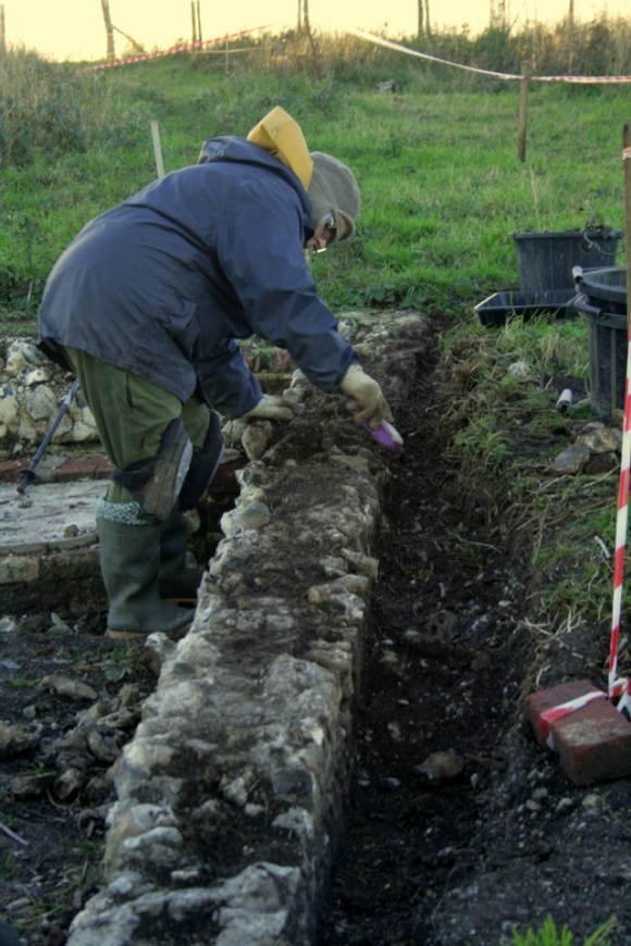 Looking W at garden boundary wall to N of cottage
