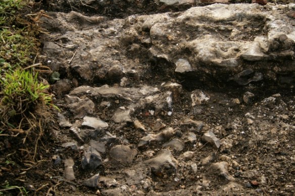 Looking S at cobbled surface N of garden gateway with chalk rubble to right