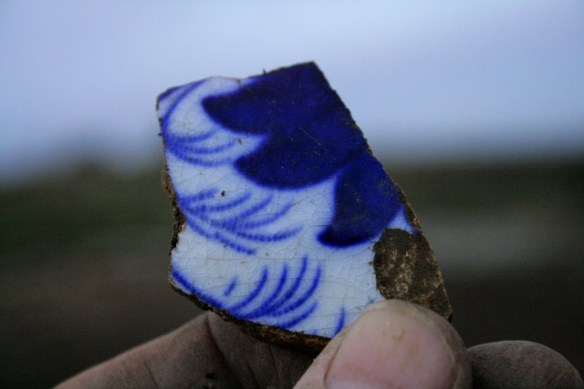 Blue and white ceramic shard