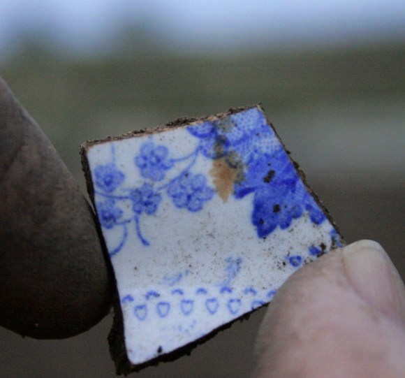 Blue and white ceramic shard
