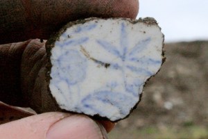 Light blue and white decorated ceramic shard; 1st December 2013.