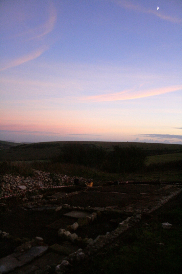 Looking SE at Newmarket Farm dig site at sunset; 8th December 2013.