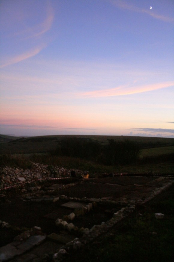 Looking SE at Newmarket Farm dig site at sunset