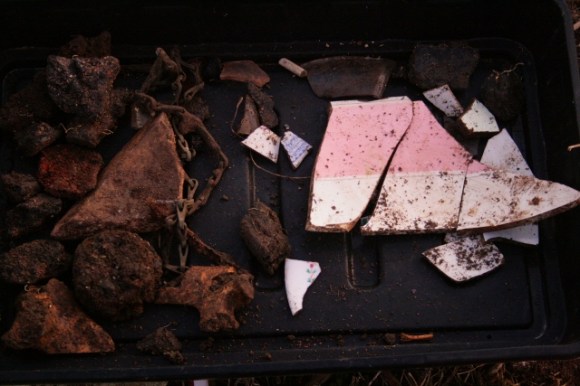 Finds tray from excavation of demolition rubble from E of chimney base