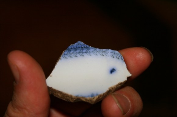 Blue and white ceramic shard