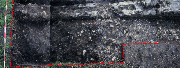 Looking S at N side of front garden gateway - dotted line indicates extent of excavation - click on image to enlarge