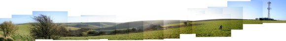 Panorama from S bank of dew pond on Newmarket Hill, looking E to W