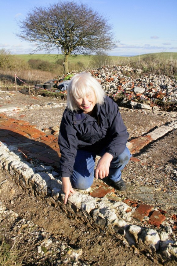 Location of a fossil sea urchin ('shepherd's purse') embedded in mortar at base of foundation trench against east wall of cottage
