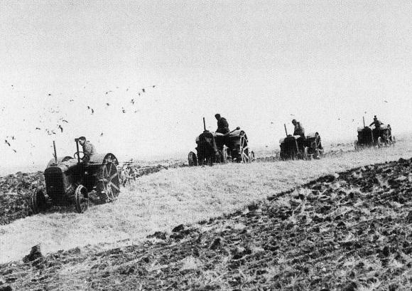 Tractor ploughing at nearby Falmer, WW2