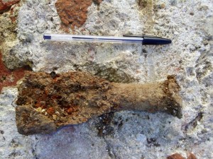 Rear end of fired suspected 3" mortar, with fins; 9th February 2014