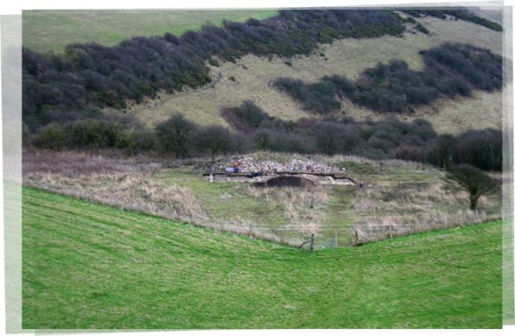 Panoramic view from communications mast on Newmarket Hill, looking E at dig site, overhanging Newmarket Bottom