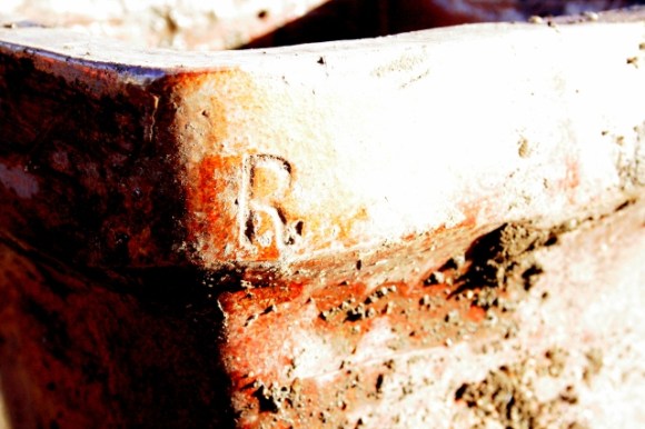 Salt glazed stoneware gully drain with manufacturer's initial; 'R.'