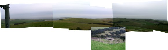 Collage of panoramic views from communications mast on Newmarket Hill, looking E across Newmarket Farm dig site and beyond