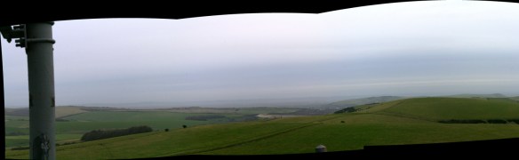 Panoramic view from communications mast on Newmarket Hill looking NE at Newmarket Plantation and Lewes