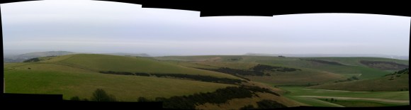 Panoramic view from communications mast on Newmarket Hill looking E at Castle Hill and the Balsdean Valley