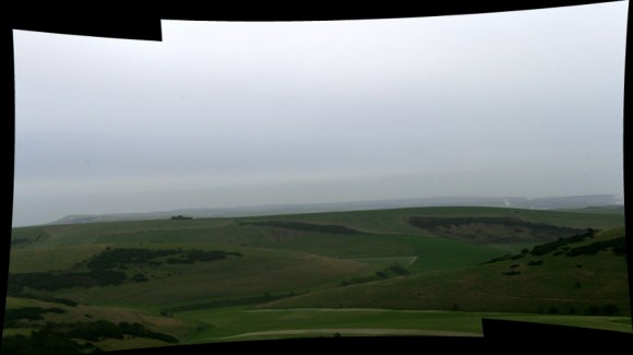 Panoramic view from communications mast on Newmarket Hill, looking SE at distant hills of Firle Beacon, Cuckmere Haven & Seaford Head