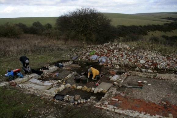 Looking NE at N end of cottage from top of spoil heap