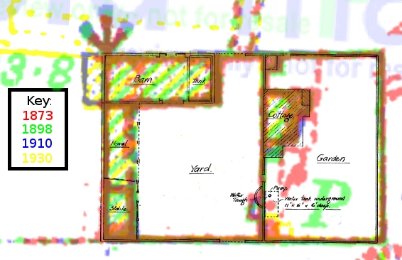 Coloured overlay map of OS maps and a plan dated 1873-1930