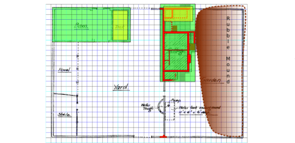 Plan showing the area of the barn in green superimposed over the excavated area of the cottage.