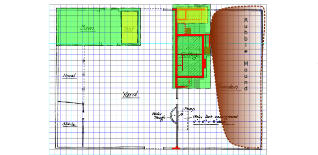 Plan showing the area of the barn in green superimposed over the excavated area of the cottage.