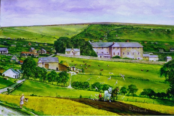 Painting by Douglas Holland from a photograph of early Woodingdean taken early 1920's from the Racehill, Brighton.