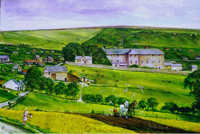 Painting by Douglas Holland from a photograph of early Woodingdean taken early 1920's from the Racehill, Brighton.