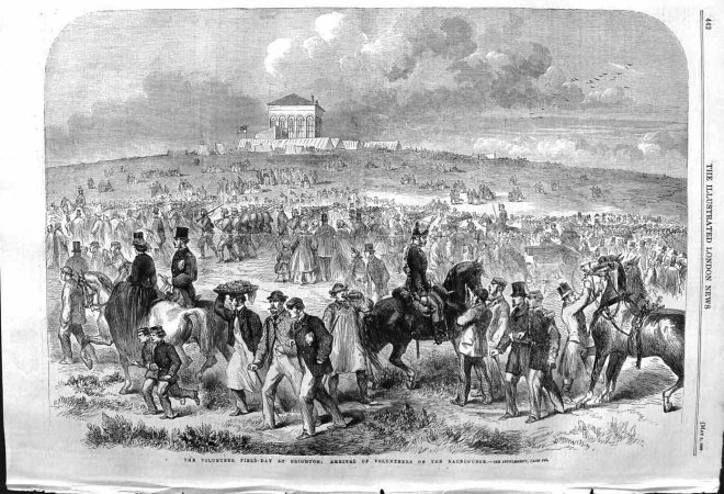 Volunteer Field-Day at Brighton: Arrival of Volunteers on the Racecourse; London Illustrated News, 1862