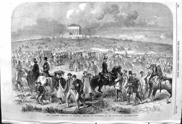 Volunteer Field-Day at Brighton: Arrival of Volunteers on the Racecourse; Illustrated London News, 1862.