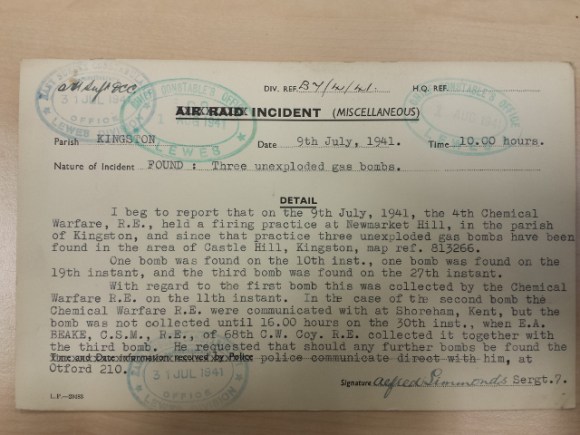 Three unexploded gas bombs found, July 1941.