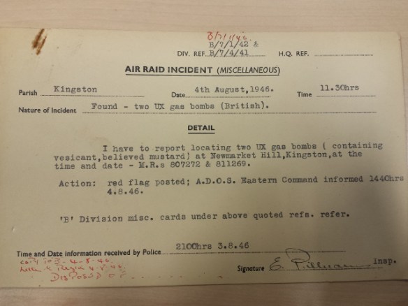 Two UX gas bombs (British) found, August 1946.