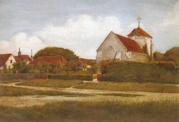 Philip Burne-Jones [Public domain], <a href="https://commons.wikimedia.org/wiki/File%3AThe_Village_Church%2C_Rottingdean_by_Sir_Philip_Burne-Jones.jpeg">via Wikimedia Commons</a>