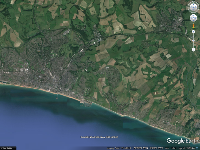 Google Earth view of Ordnance Survey grid square TQ 30, showing Lewes (top right), Brighton & Hove (bottom left) and Balsdean (right of centre)